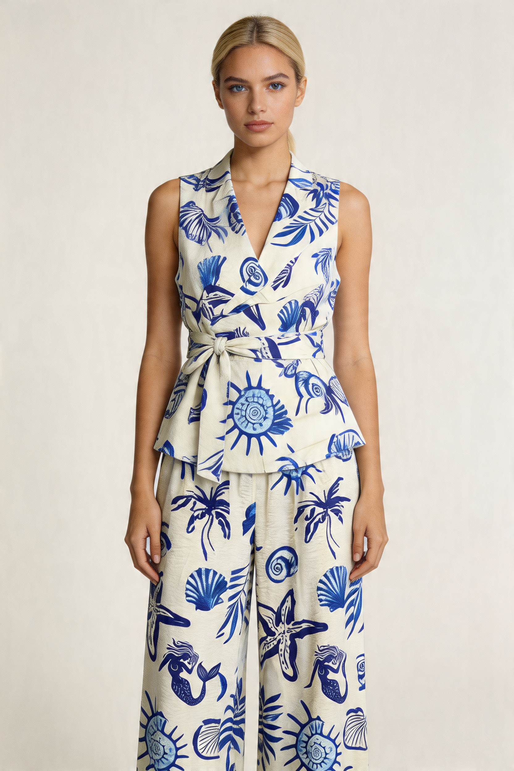 Coastal Motif Belted Vest Set