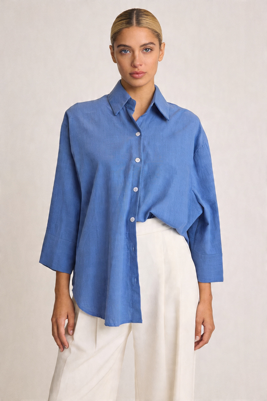 Relaxed 3/4-Sleeve Button-Down Shirt