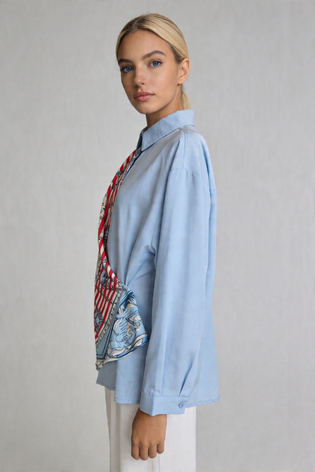 Scarf-Drape Button-Down Shirt