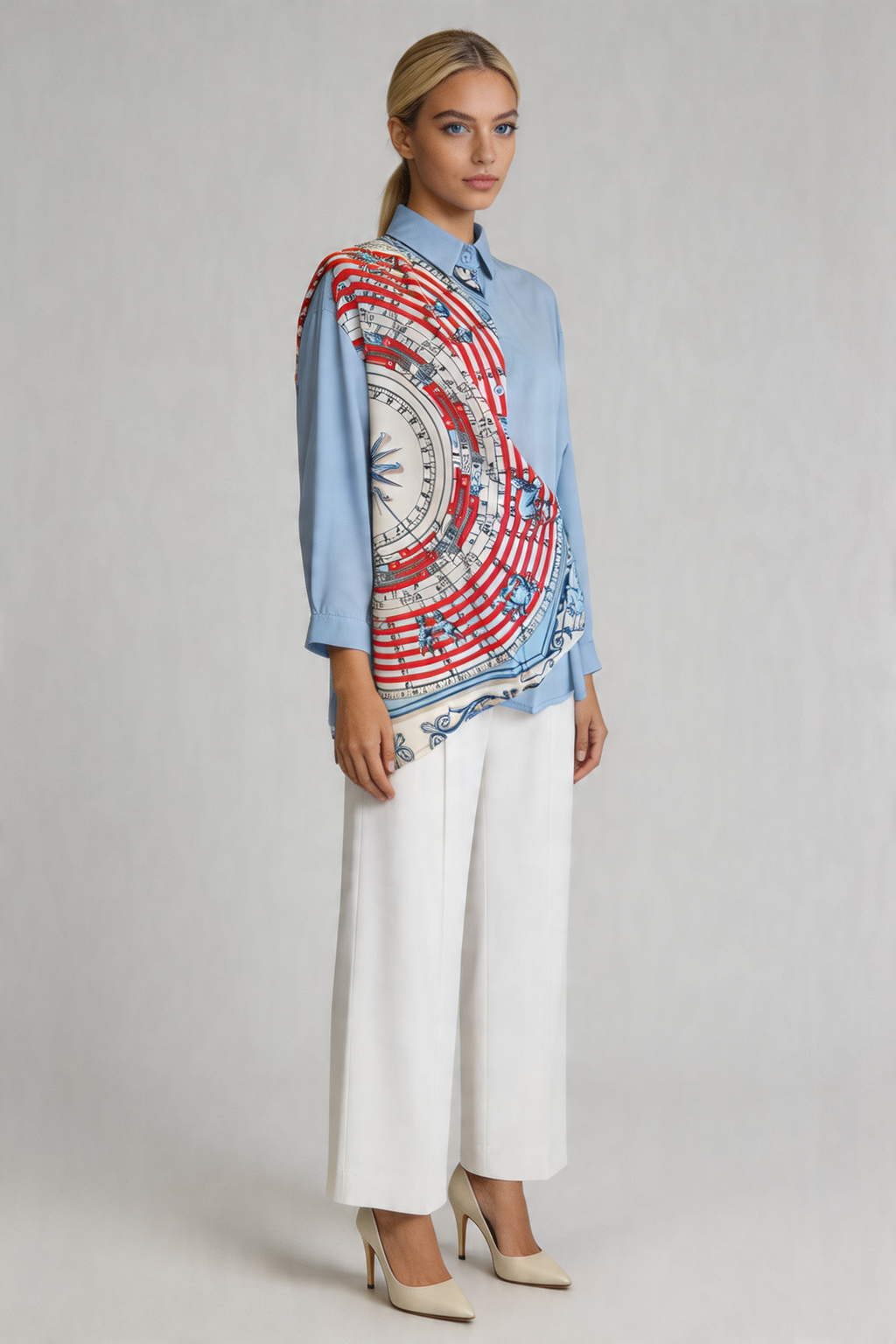 Scarf-Drape Button-Down Shirt