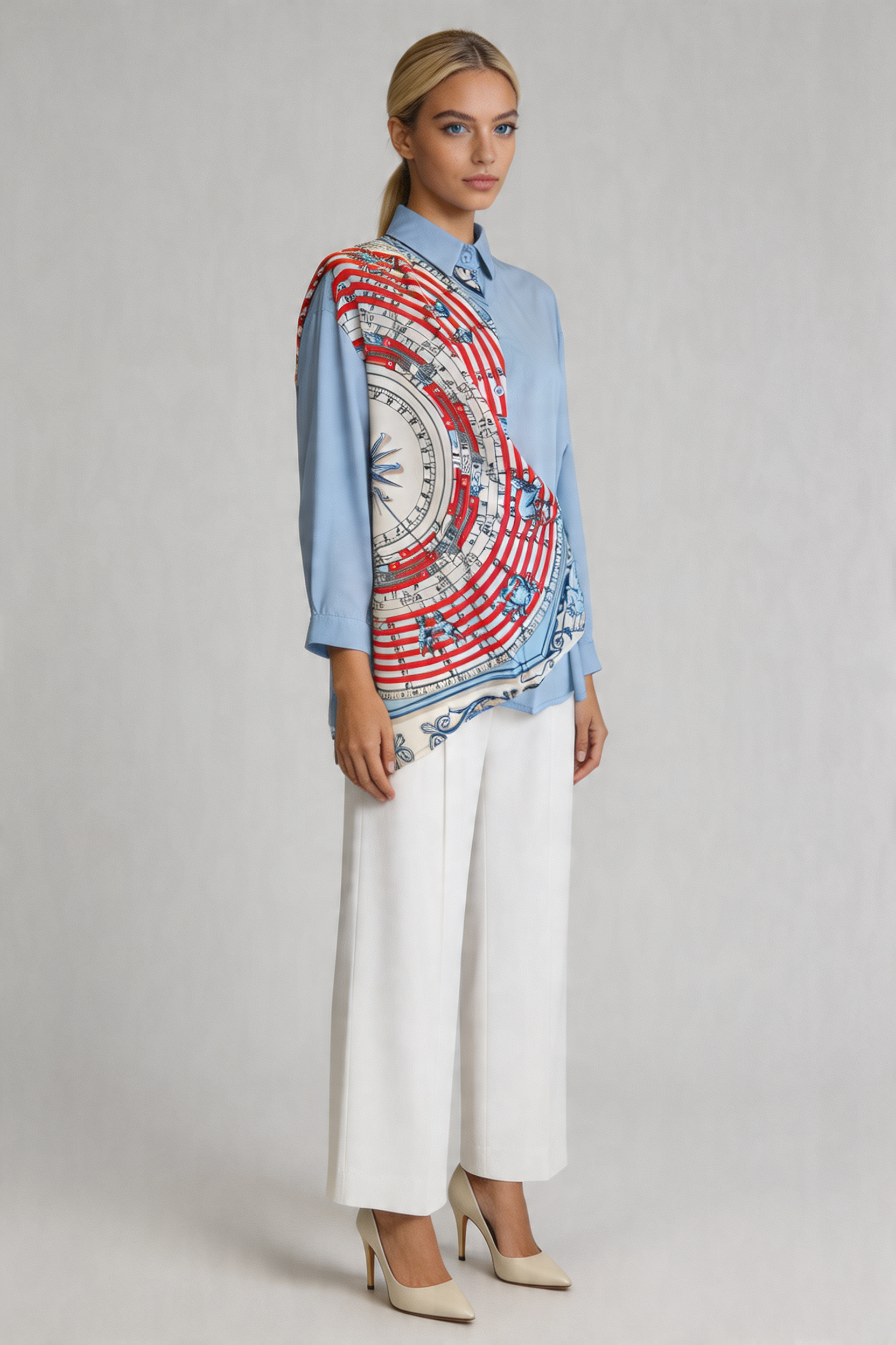 Scarf-Drape Button-Down Shirt