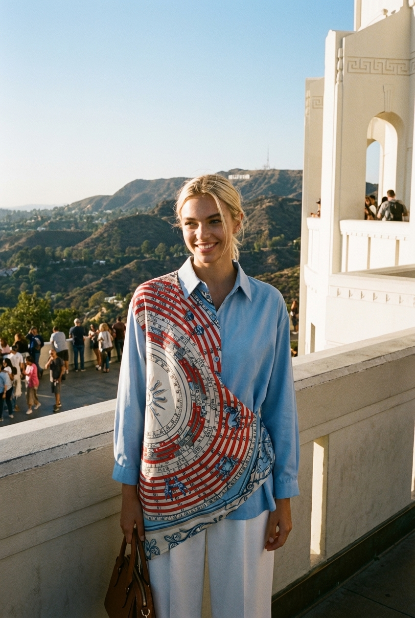 Scarf-Drape Button-Down Shirt