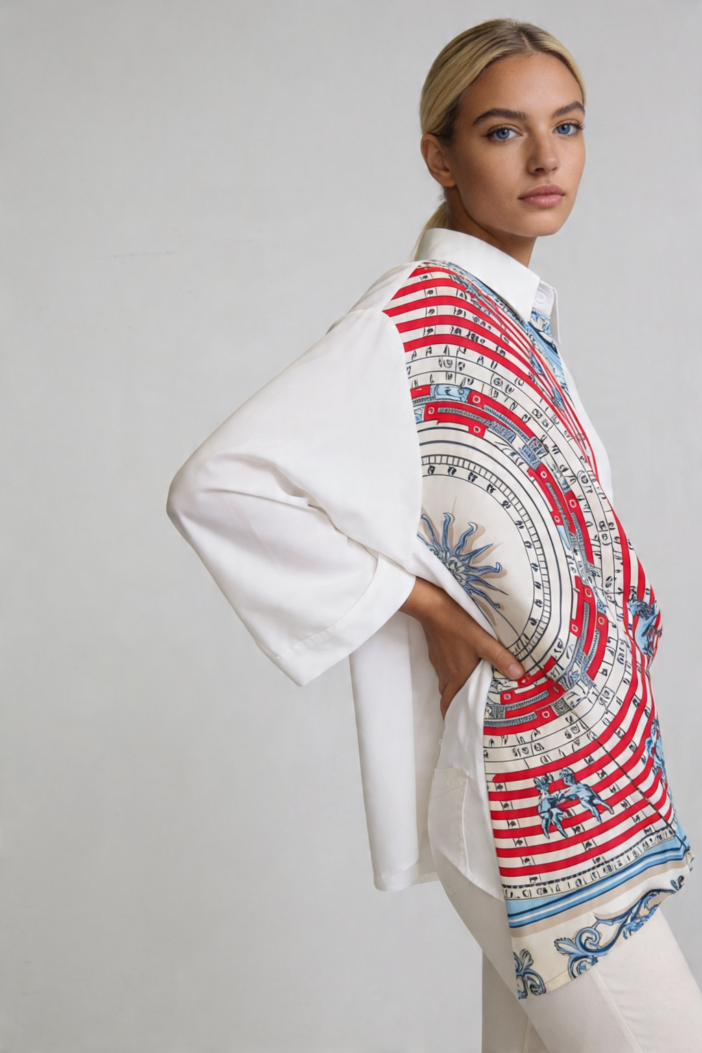 Scarf-Drape Button-Down Shirt