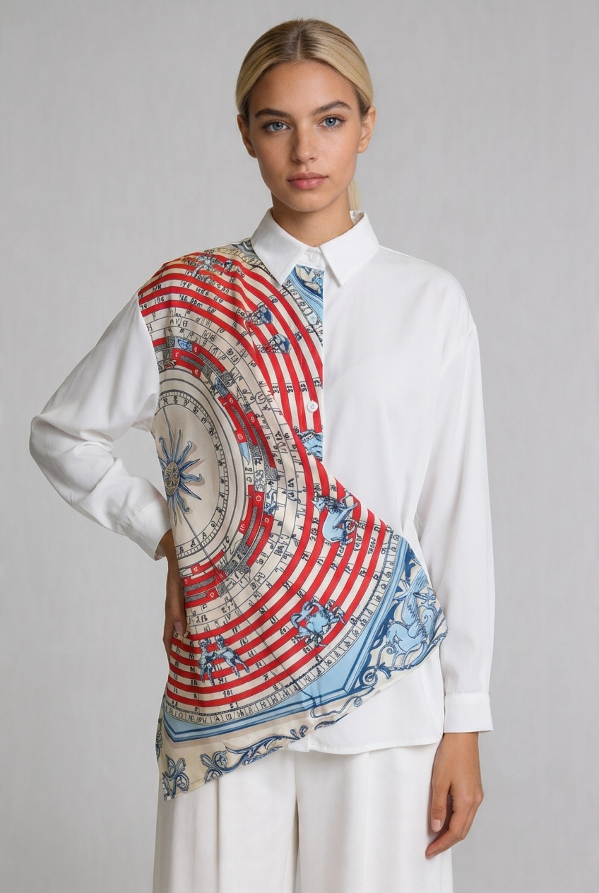 Scarf-Drape Button-Down Shirt