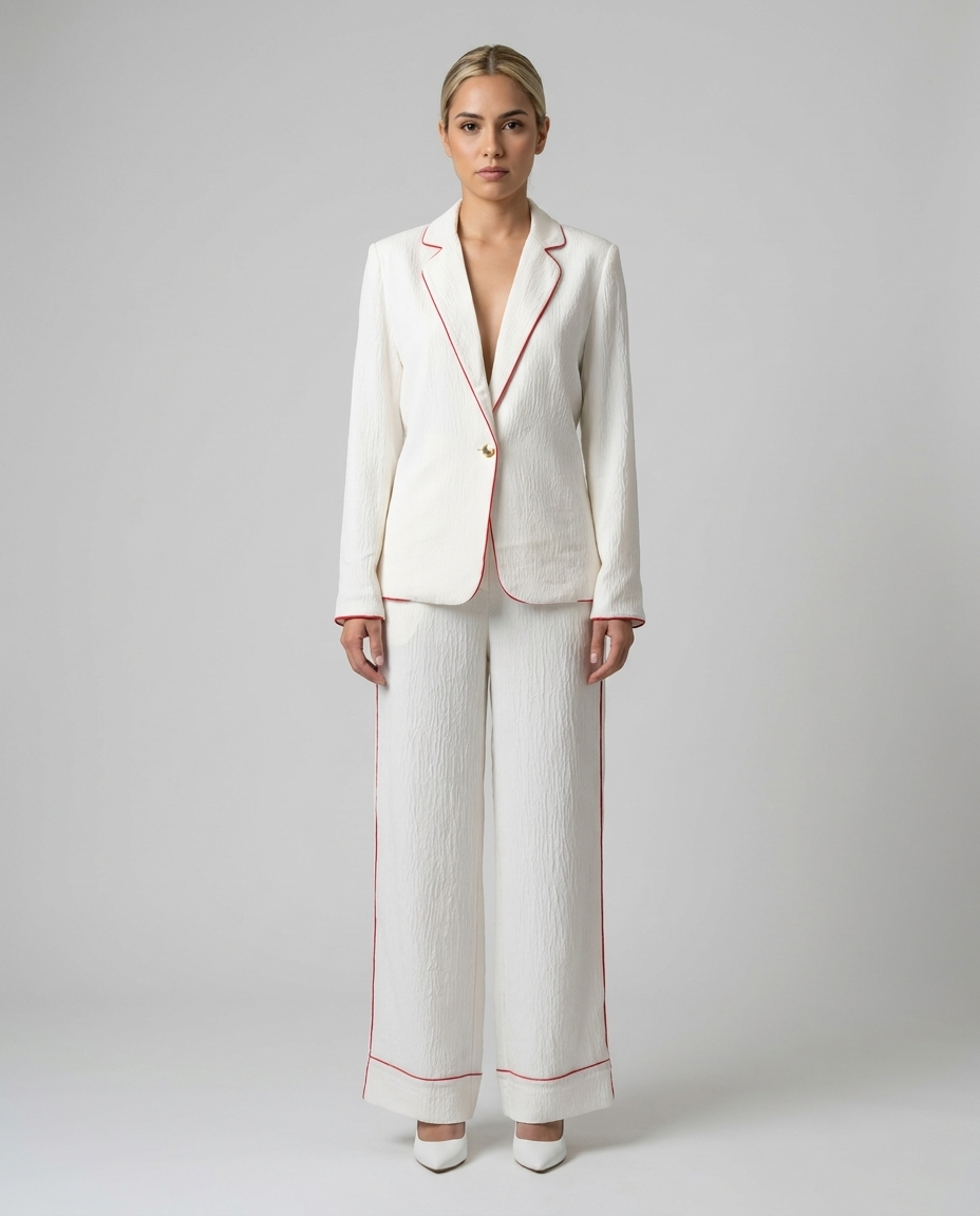 Textured Contrast-Piping Suit Set