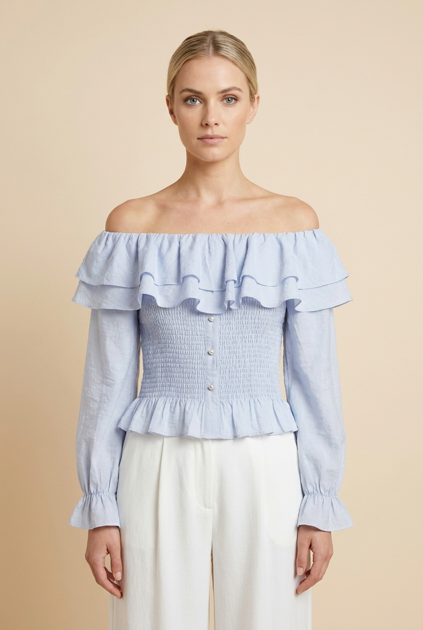 Off-The-Shoulder Smocked Ruffle Blouse