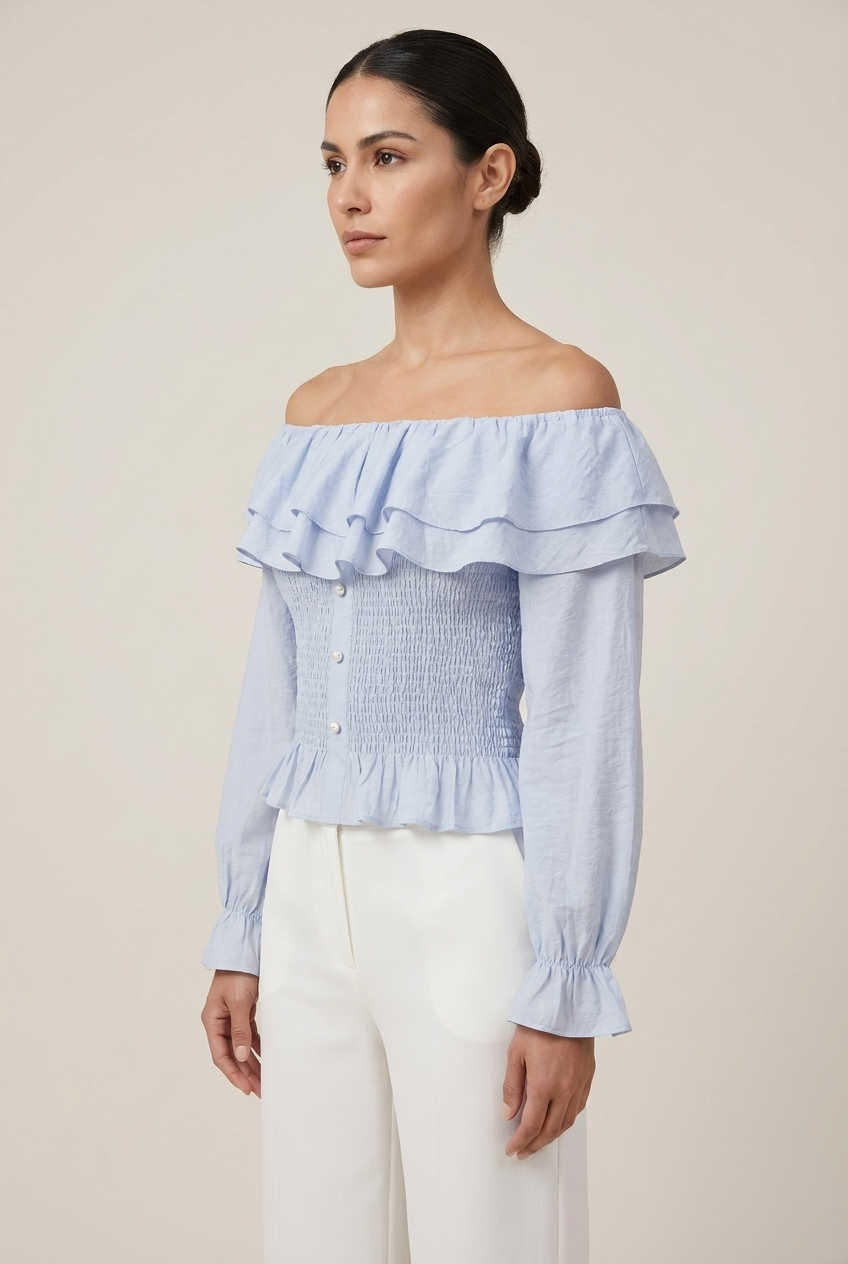 Off-The-Shoulder Smocked Ruffle Blouse
