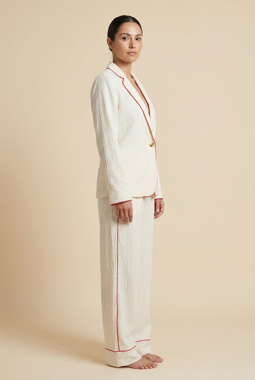 Textured Contrast-Piping Suit Set