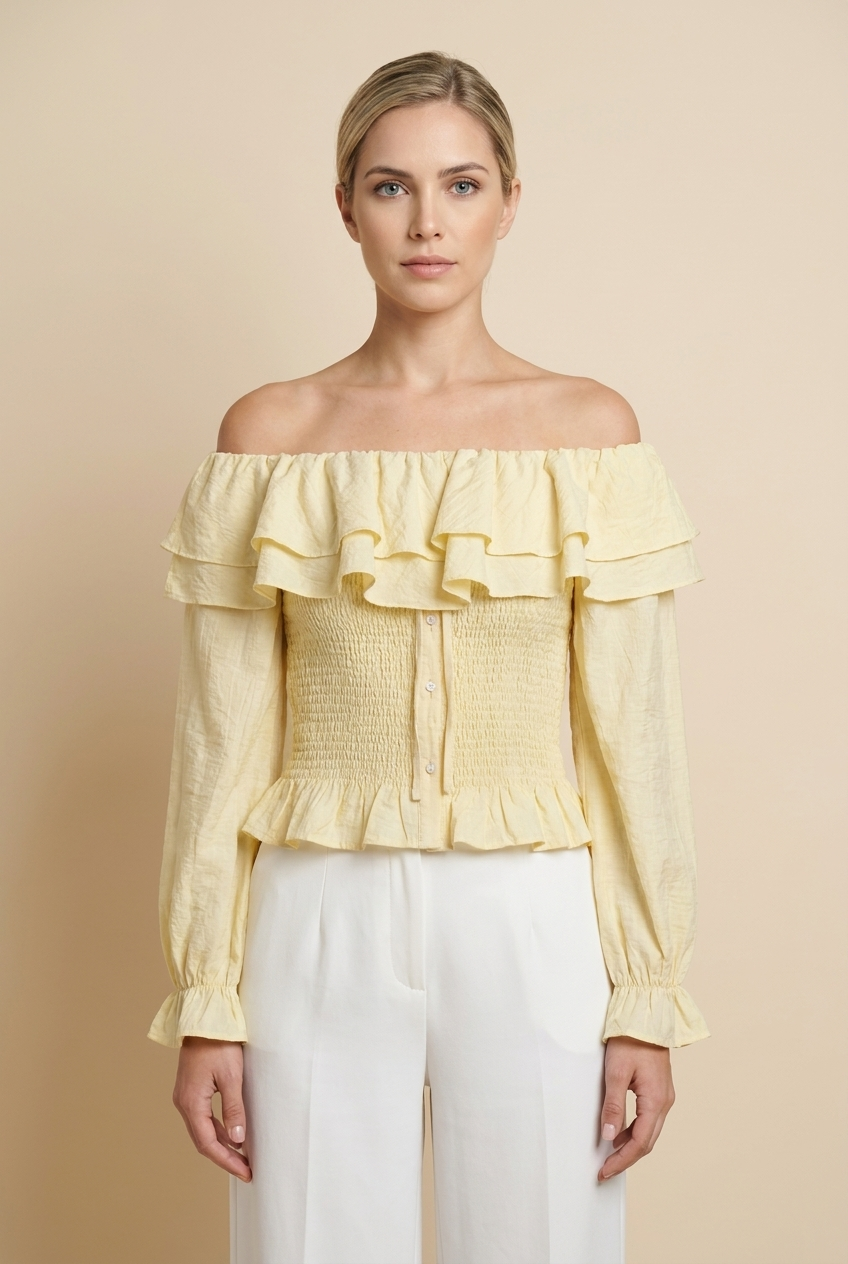 Off-The-Shoulder Smocked Ruffle Blouse
