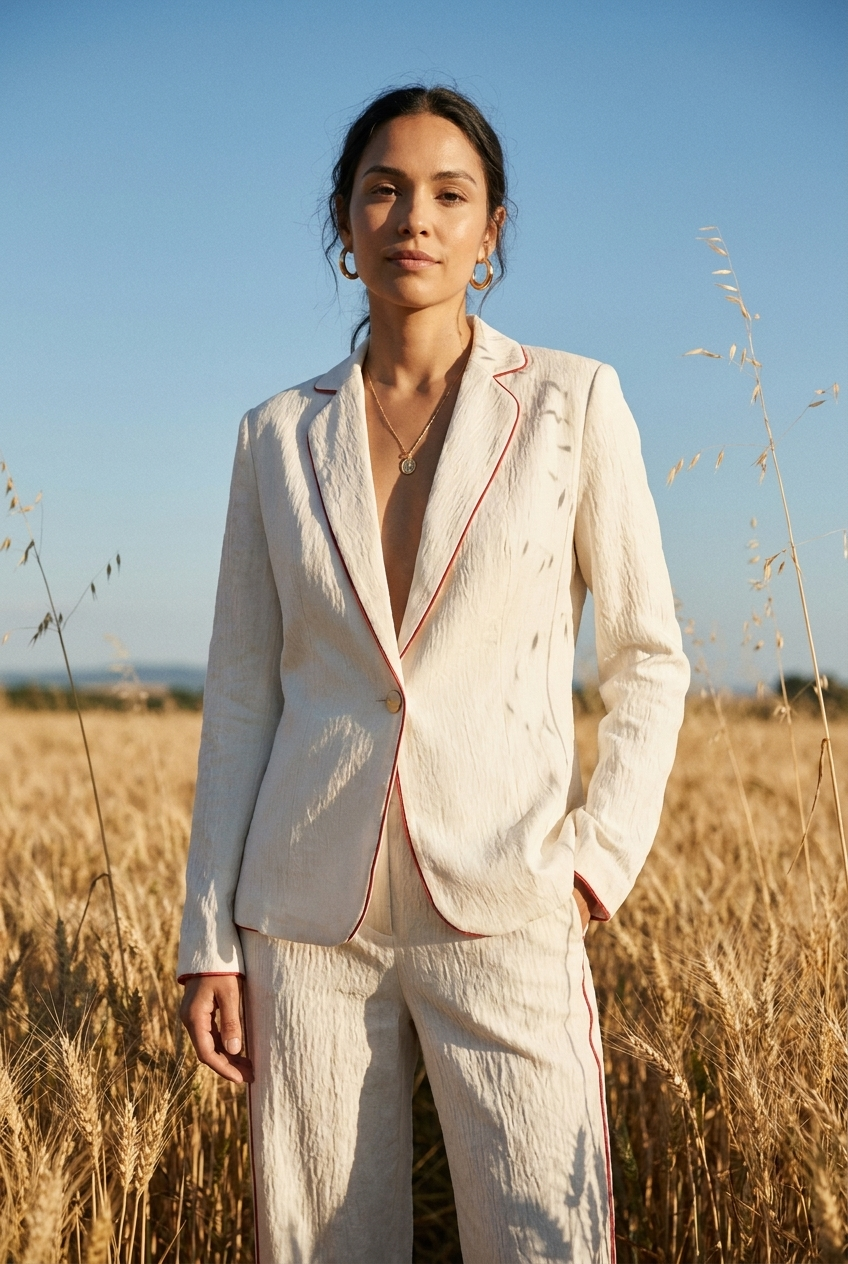 Textured Contrast-Piping Suit Set