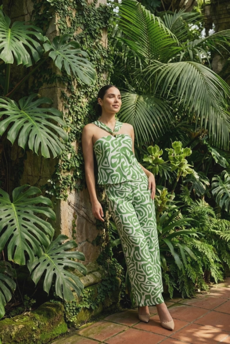 Abstract Geometric Halter & Wide-Leg Pant Set
