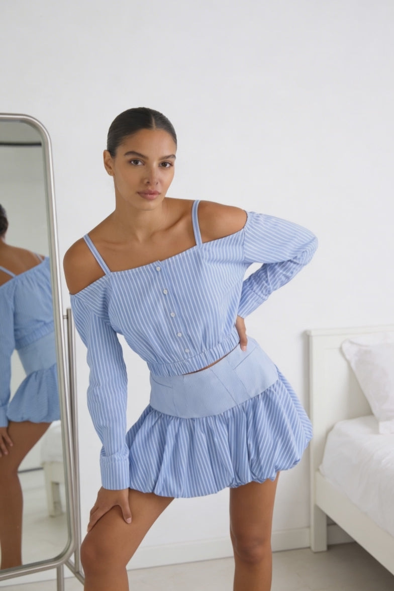 Striped Off-Shoulder Top & Bubble Skirt Set