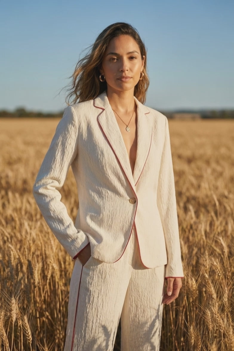 Textured Contrast-Piping Suit Set