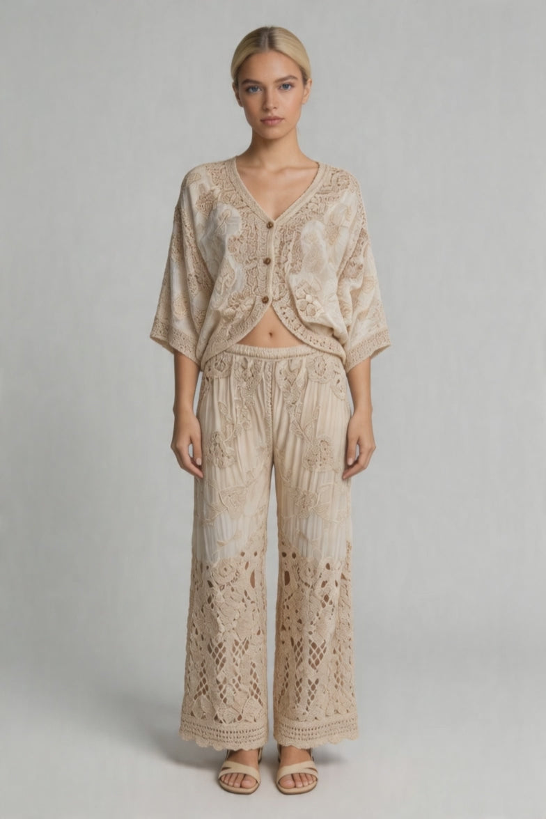 Bohemian Floral Crochet Trouser Set